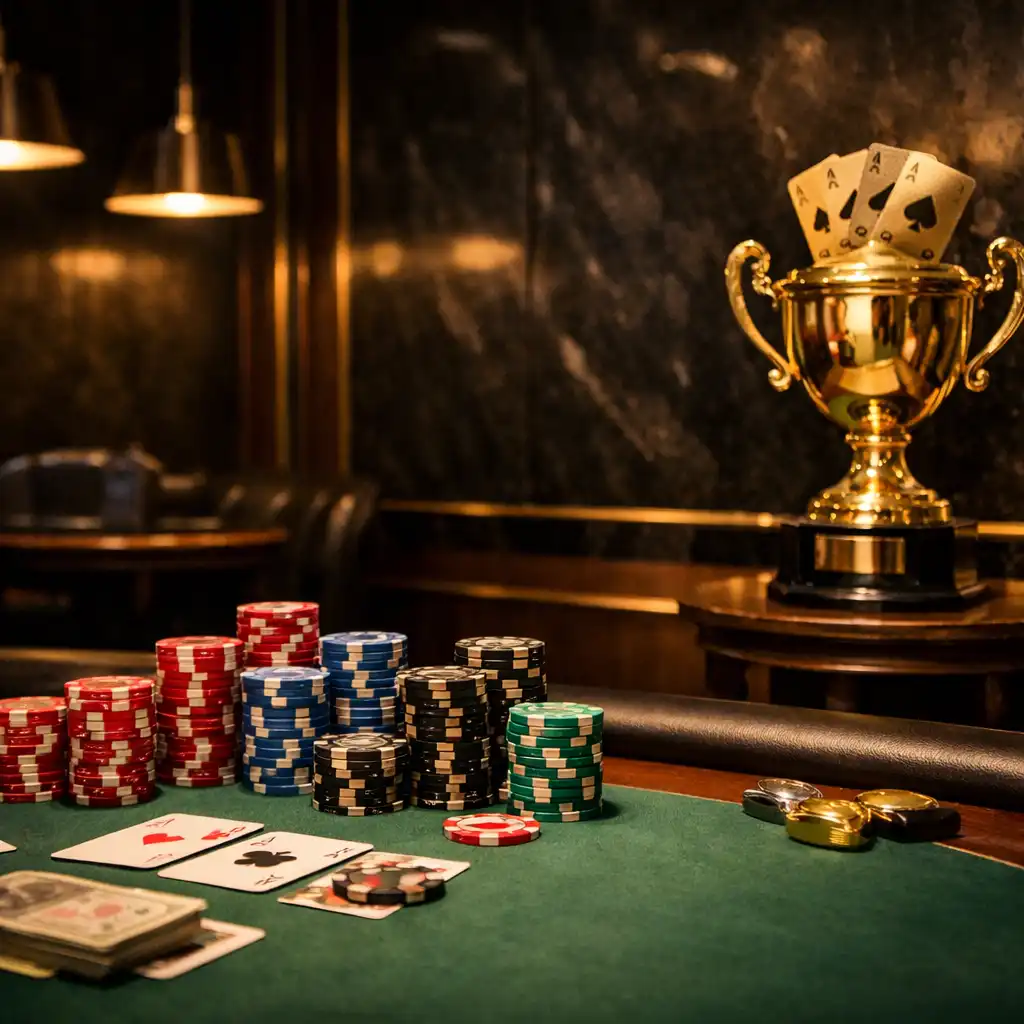 Luxurious poker room with felt table, custom chips, and golden trophy