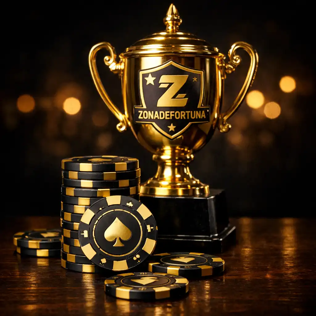 Gold custom trophy and a stack of black and gold poker chips on a dark wooden table