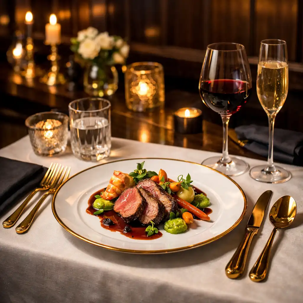 Elegant dining table setting with fine china, crystal glasses, and a beautifully plated modern Australian dish