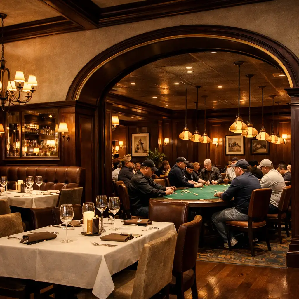 Restaurant interior with dining tables on one side and a poker room with green felt tables visible through an archway