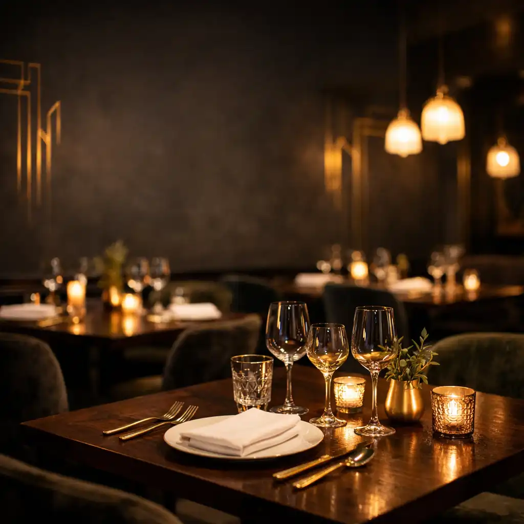 Elegant dining room with dark wood tables, gold accents, and intimate lighting