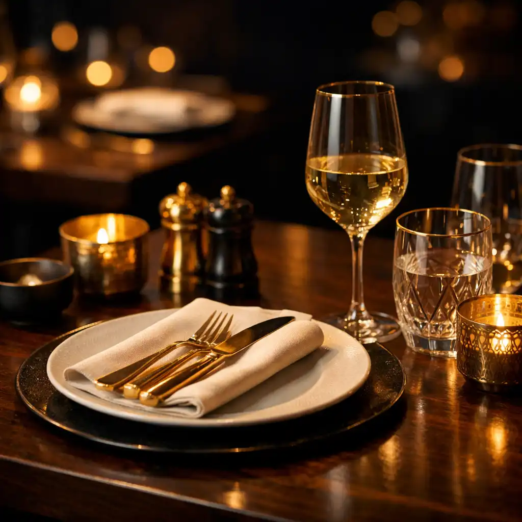 Elegant dining table setting with dark wood, gold accents, and warm lighting at Zonadefortuna