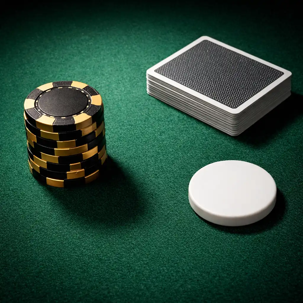 Close-up of a felt poker table with custom chips and cards