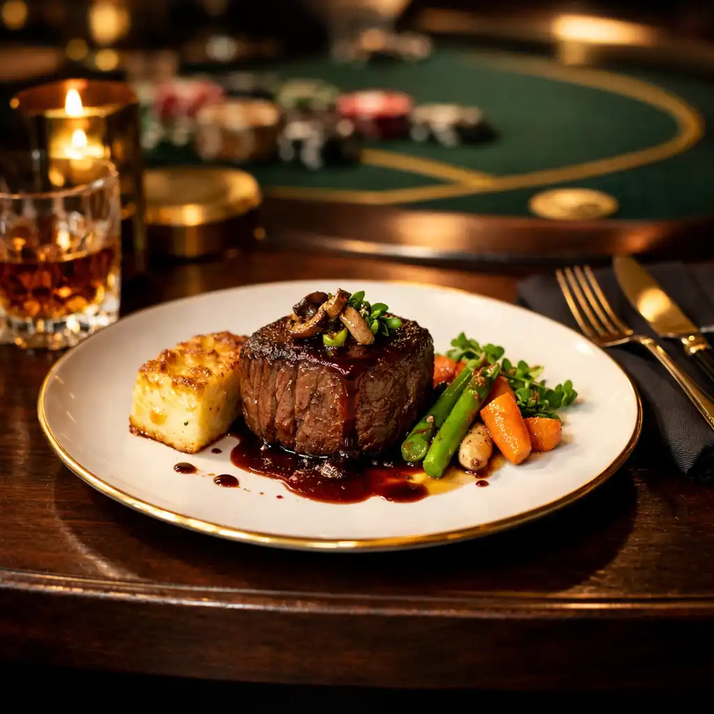 A gourmet plated dish on a dark table with a blurred poker table and gold accents in the background