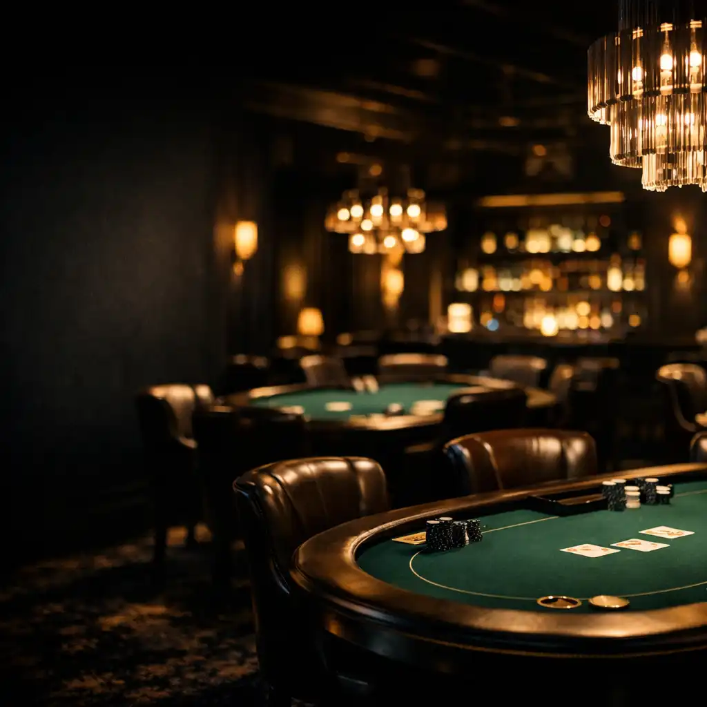 Wide-angle view of the Zonadefortuna offline poker lounge with felt poker tables and warm gold lighting
