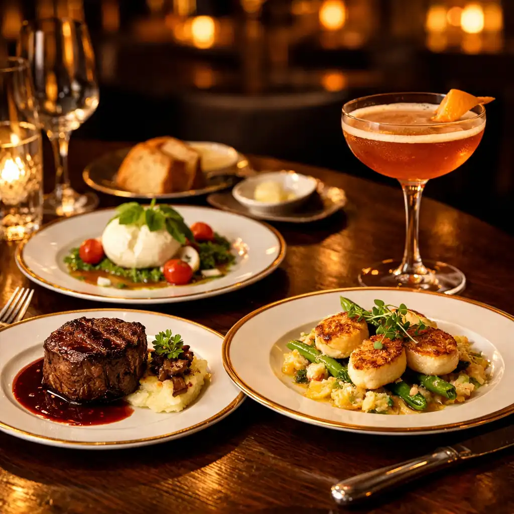 Elegant dining setup with gourmet dishes and a cocktail