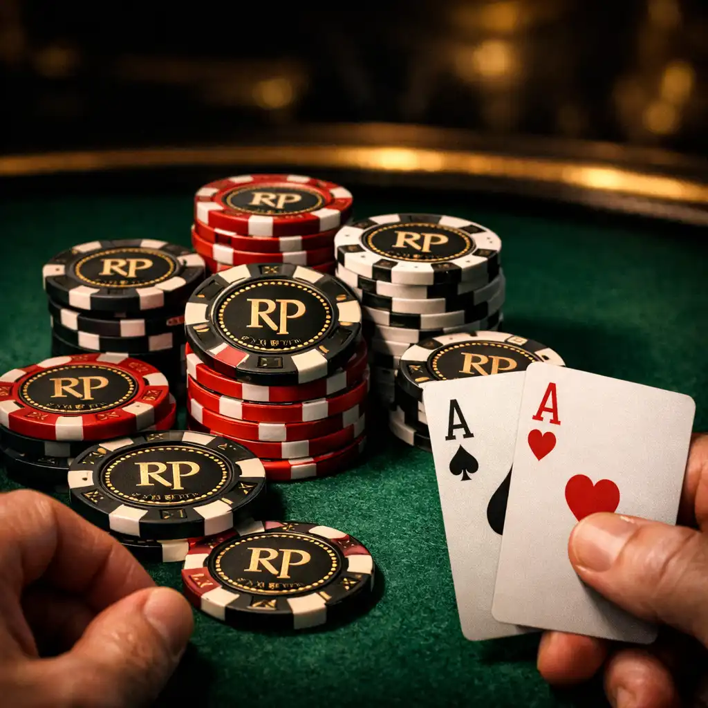Close-up of hands holding cards over a felt poker table with custom chips