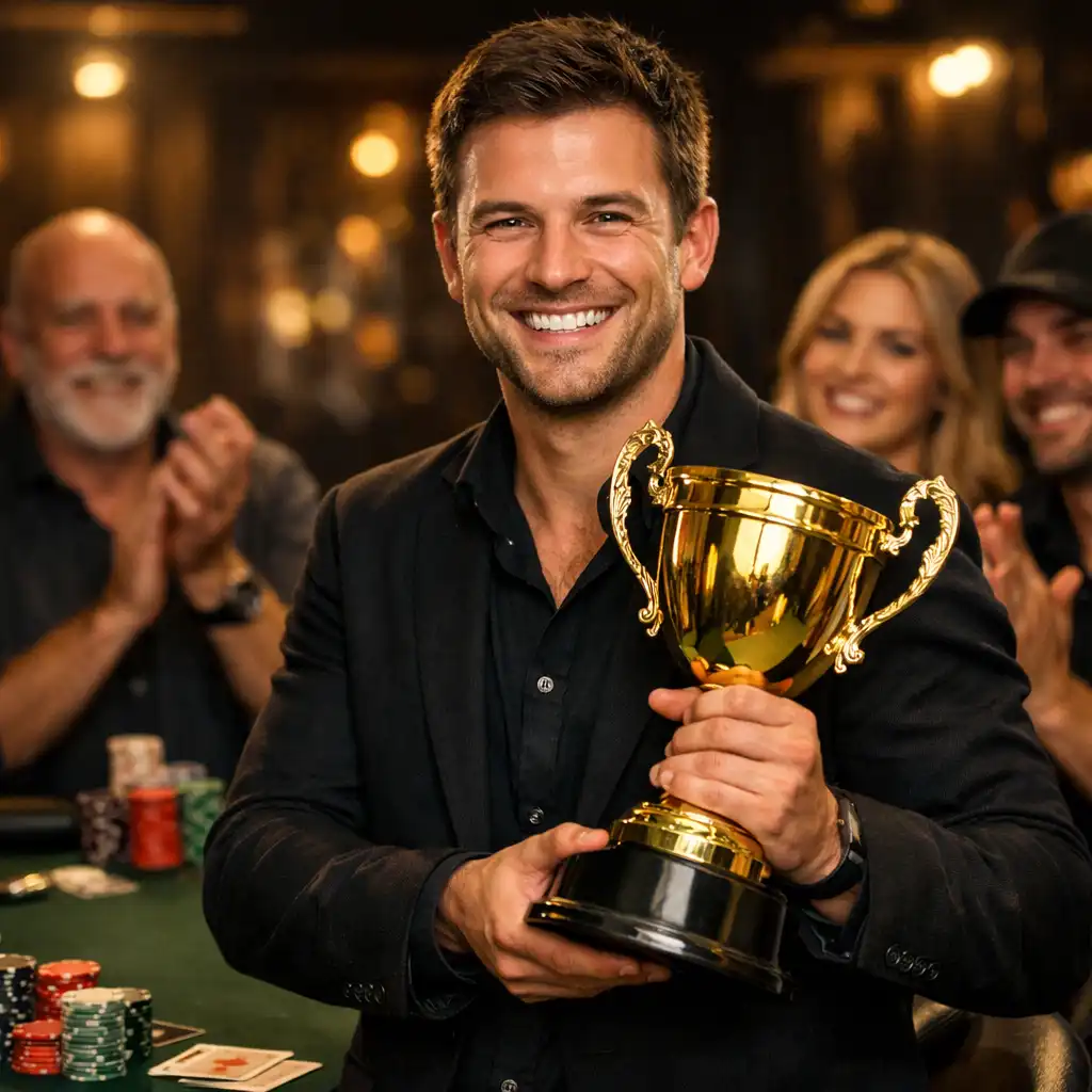 Smiling winner holding a golden trophy beside a poker table