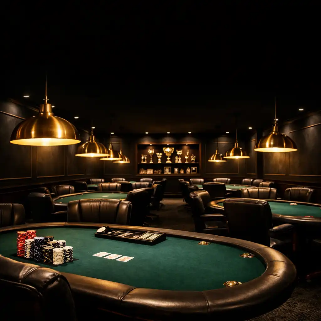 Poker lounge with six felt poker tables, warm pendant lighting, and dark leather chairs