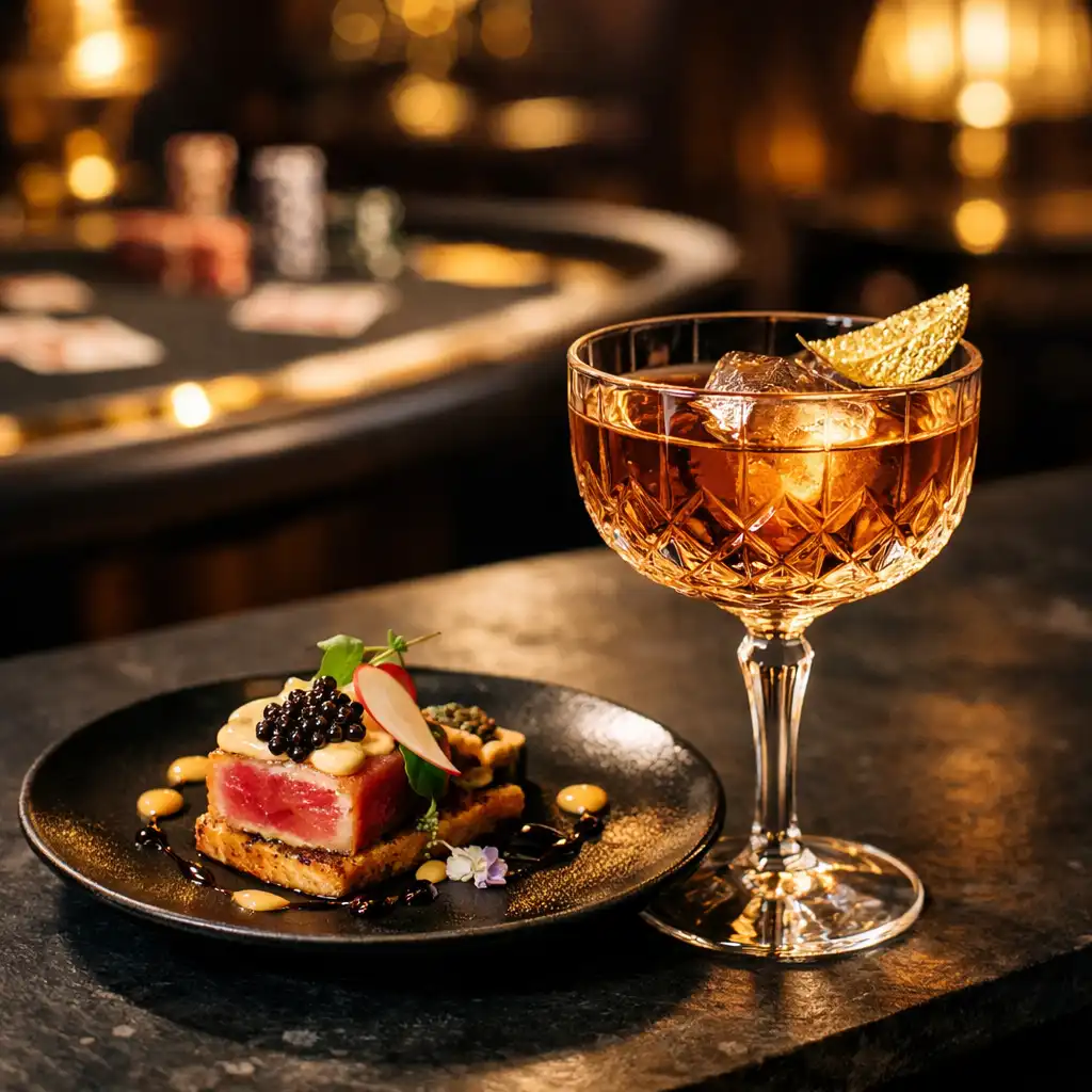 Cocktail and small gourmet plate on a dark table in the poker lounge