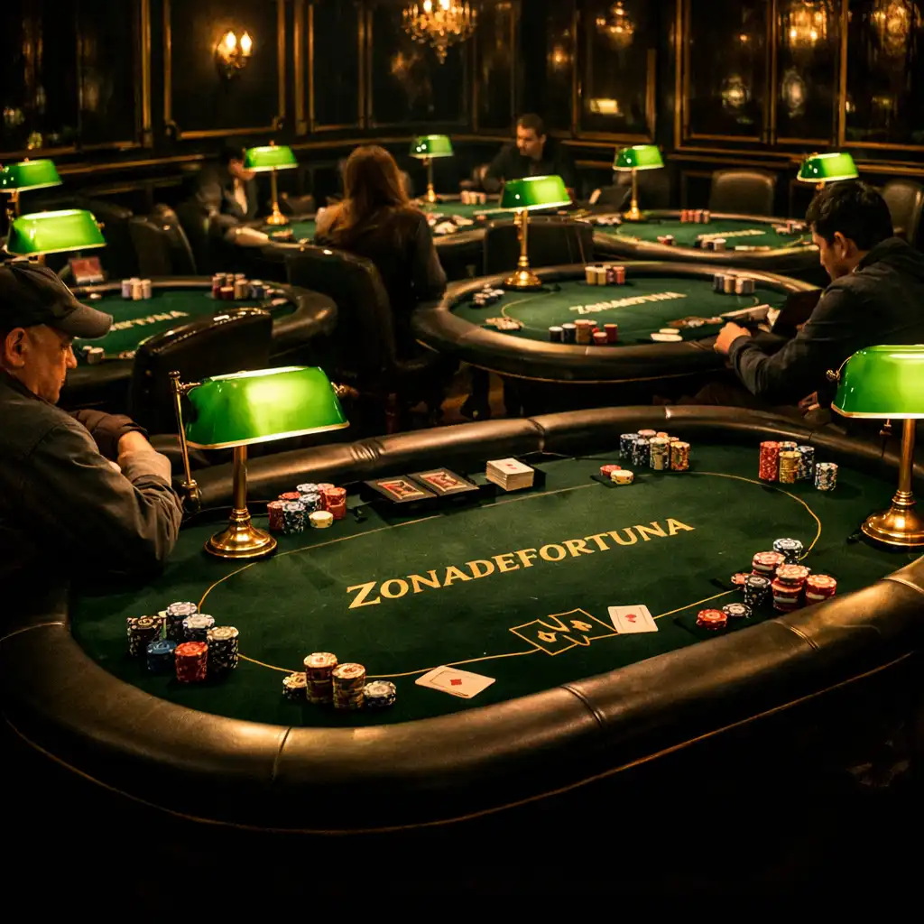 Dedicated offline poker room with multiple felt poker tables, custom poker chips, and focused green lighting