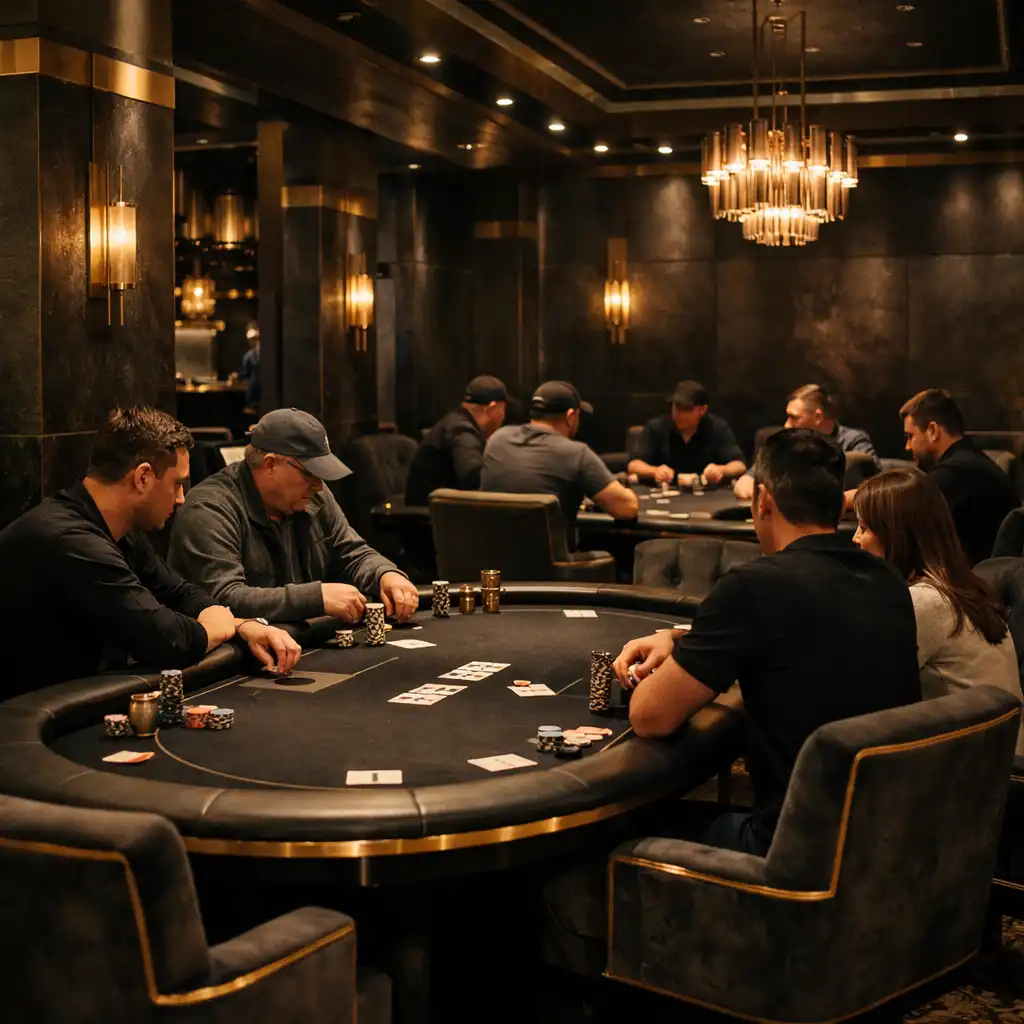 Upscale poker room with multiple felt tables and soft lighting