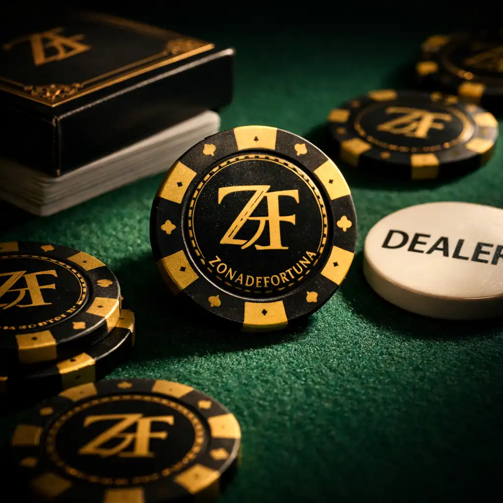 Close-up of a deep emerald felt poker table with custom gold and black chips, a deck of cards, and a dealer button