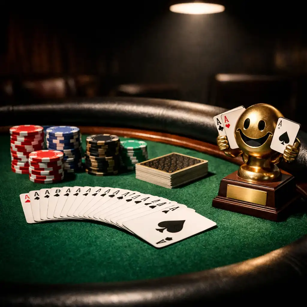Close-up of a premium felt poker table with custom chips, fanned cards, and a friendly trophy under dramatic lighting