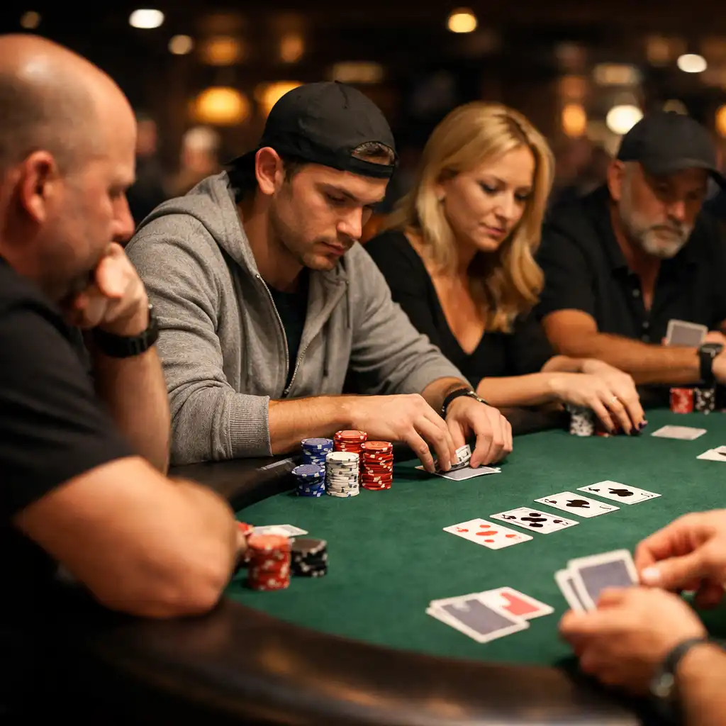 Players focused during an offline poker tournament at a felt poker table in the dark lounge