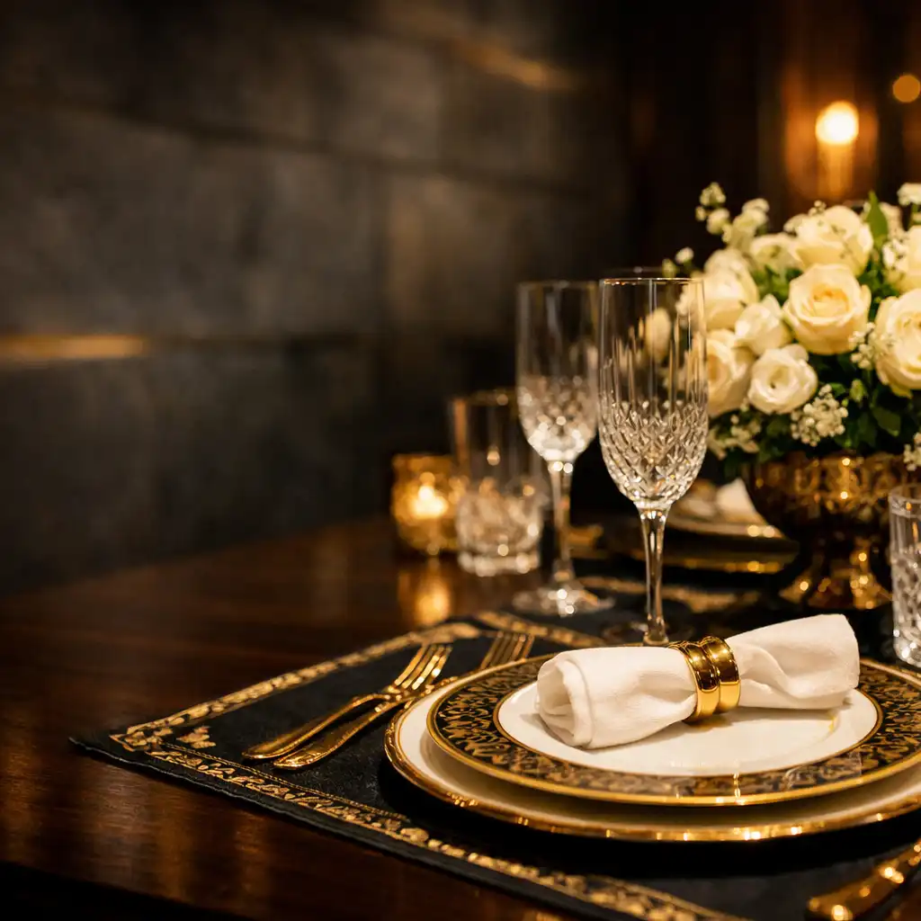 A beautifully set dining table at Zonadefortuna with fine china, crystal glasses, and a fresh flower centerpiece